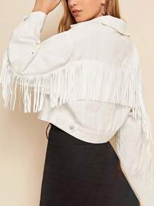 Women Casual Crop Denim Jacket Lightweight Tasseled Long Sleeves Button Jean Cardigan For Outwear Streetwear