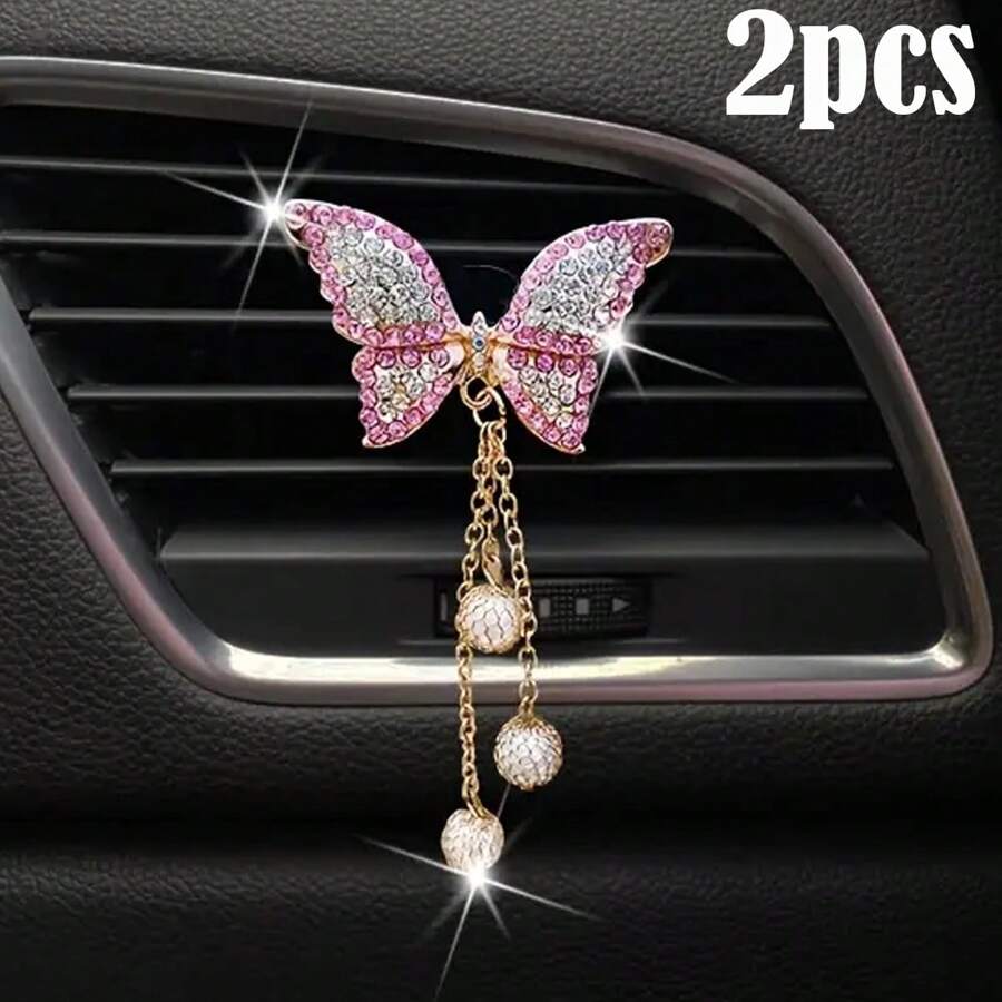 2 件闪亮水钻蝴蝶汽车通风口装饰夹，汽车内饰配件。 - 彩色 - 查看 1