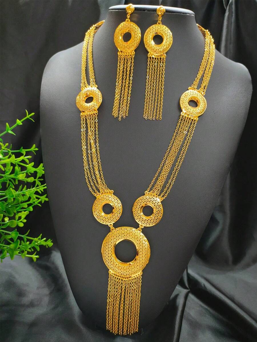 2PCS Women Gold-Plated Long Tassel Necklace And Earrings Jewelry Set, Suitable For African, Dubai Bride, Wedding, Party, Festival, Valentine's Day, Mother's Day Gift - Yellow Gold - View 1