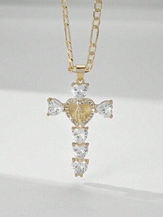 1pc European & American Style Two-Layer Embossed Copper Inlaid Zirconia 14K Gold Cross & Heart Mother Mary Catholic Christian Pendant Necklace, Suitable For Mother/Couple/Friend/Believer Gift, Daily & Holiday Wear & Prayer