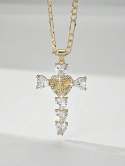 1pc European & American Style Two-Layer Embossed Copper Inlaid Zirconia 14K Gold Cross & Heart Mother Mary Catholic Christian Pendant Necklace, Suitable For Mother/Couple/Friend/Believer Gift, Daily & Holiday Wear & Prayer