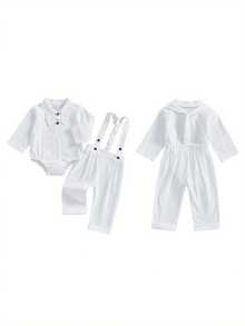 Traje de caballero para bebé niño, mono de manga larga con cuello de solapa y pajarita, pantalones con tirantes y cintura elástica para boda. - Blanco - Ver 2