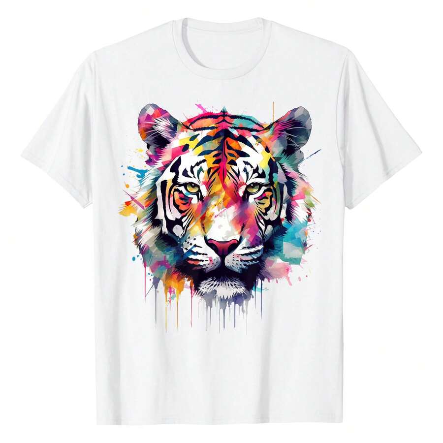 Women's White Short-Sleeved T-Shirt Miss Tiger Artwork - Colourful Animal Art Tiger T-Shirt - 白色 - 查看 1