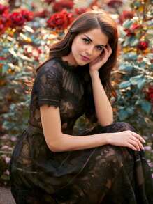 Midi Lace Formal Black Cocktail Dress - Black - View 2