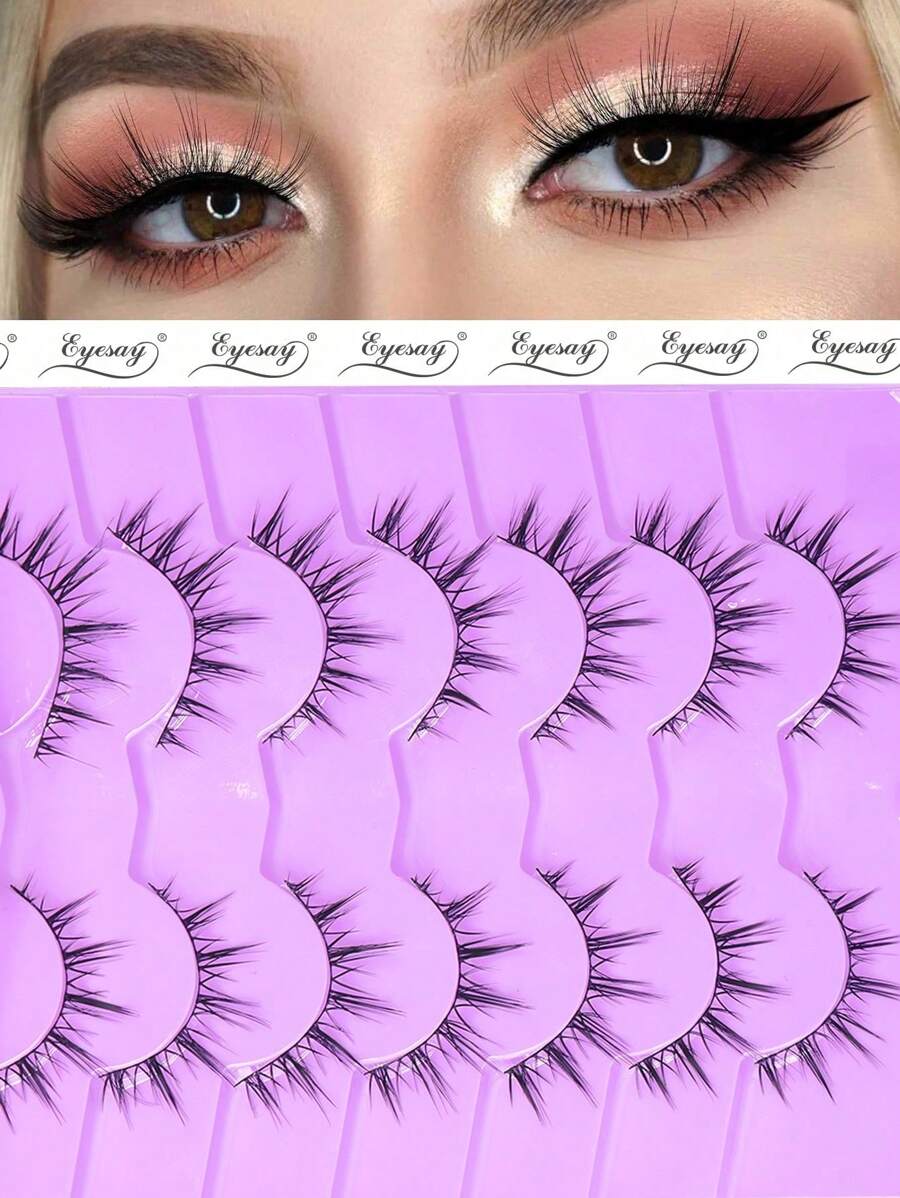 7 对黑色带状漫画睫毛，纤细动漫假睫毛自然外观，蓬松尖尖的娃娃睫毛，卡通睫毛 3-12 毫米