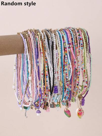 5/10/15/30pcs Assorted Colorful Rice Bead Necklaces, Boho Summer Dopamine Vibes