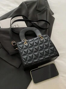 新款冬季菱形手提包和斜挎包，配有钱包 - 黑色 - 查看 5