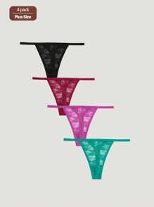 FINETOO 4pcs/Set Plus Size Women Lace Pattern Sexy See-Through Low Waist Thong Panties - Multicolor - View 7