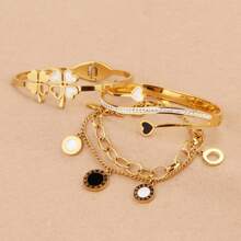 Juego de pulsera de 3 en 1 de acero inoxidable con elegante flor de cuatro hojas, pulsera con colgante de corazón con circonita brillante de estilo romano, adecuado para uso diario, banquetes, bodas y como regalo, para todas las estaciones