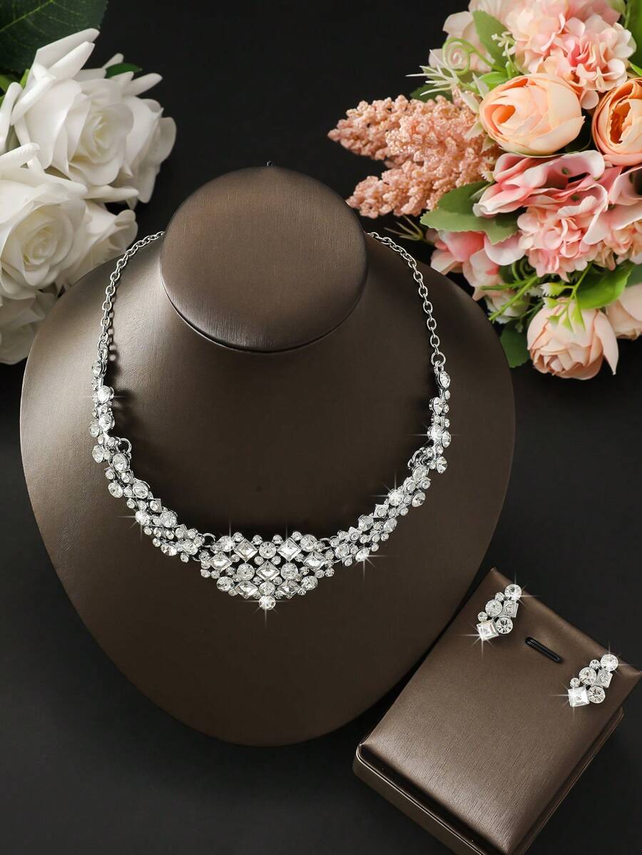 3pcs/Set Elegant Full Diamond Geometric Accessory Set, Great For