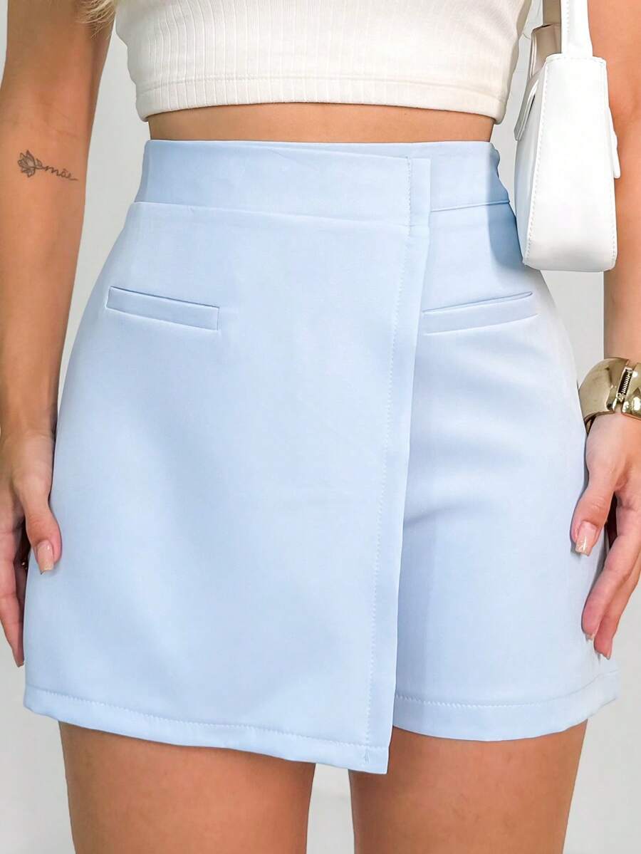 Women's Versatile Casual Asymmetrical Shorts With Fake Pockets - Blue - View 1