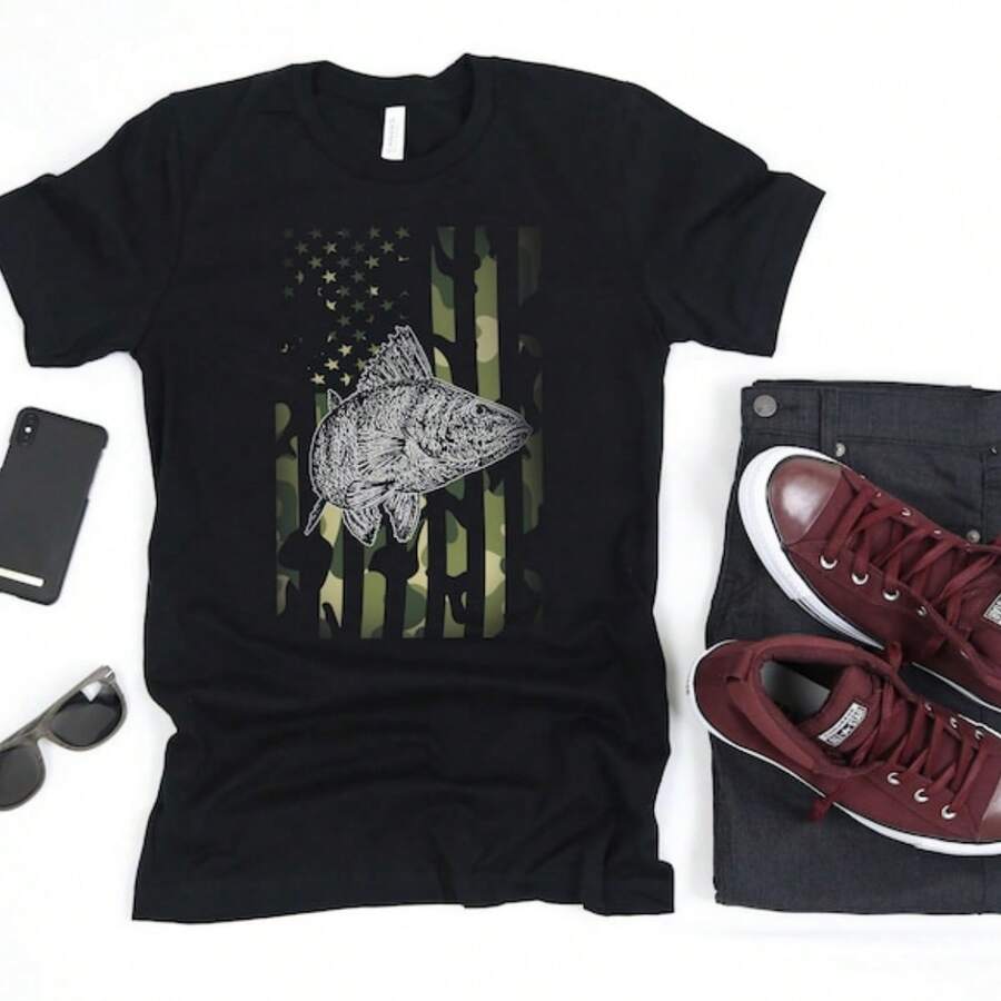 Camo Fisherman Camouflage  Flag USA Fishing T-Shirt, Tank Top, Hoodie, Sweatshirt, Long Sleeve, Child Apparel Gift - 黑色 - 查看 1