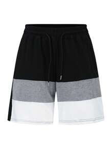 Men's Sports Casual Tri-Color Splice Design Short Sleeve Hoodie T-Shirt & Shorts Set, Outdoor Sports Tracksuit For Running & Fitness