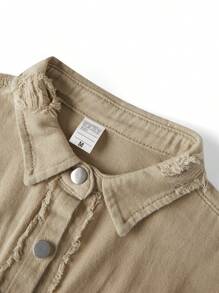 Women's Spring Autumn Denim Coat Lapel Long Sleeve Solid Color Button Up Ripped Jean Jacket - Khaki - View 8