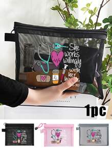 Nylon Mesh Nurse Themed Cosmetic Bag, Casual Style, Stethoscope, Heart, Syringe, Thermometer Pattern Print, "She Loves To Work With Her Hands", Cute Makeup Bag, Best Gift For Medical Staff, Women, Portable Multifunctional Cosmetic Bag, Ladies Makeup Bag Travel Toiletry Bag, Back To School Doctor Nurse Gift, Cosmetic Bag Skincare Bag Toiletry Bag, Travel & Dorm Essential - Multicolor - View 1