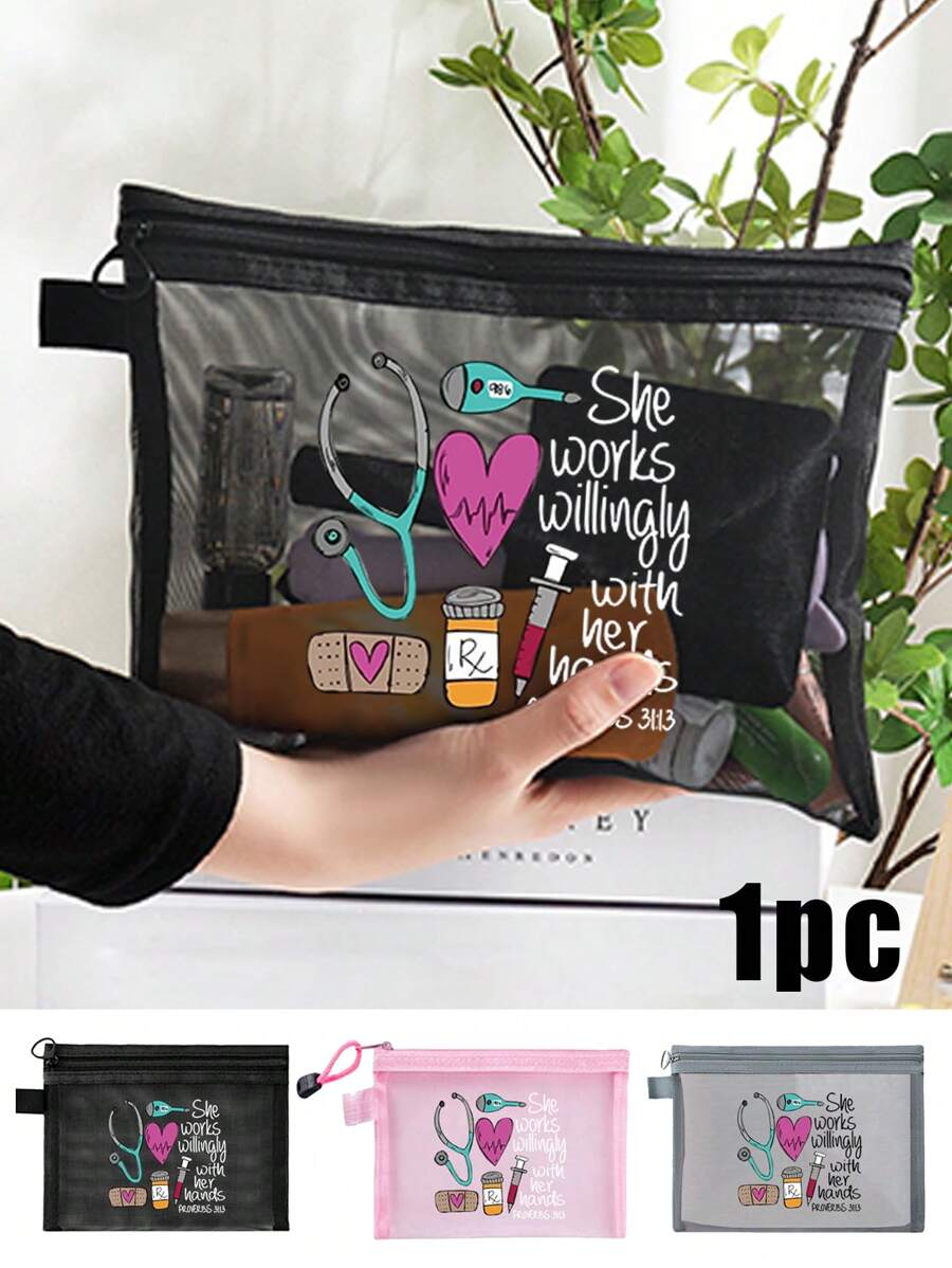 Nylon Mesh Nurse Themed Cosmetic Bag, Casual Style, Stethoscope, Heart, Syringe, Thermometer Pattern Print, "She Loves To Work With Her Hands", Cute Makeup Bag, Best Gift For Medical Staff, Women, Portable Multifunctional Cosmetic Bag, Ladies Makeup Bag Travel Toiletry Bag, Back To School Doctor Nurse Gift, Cosmetic Bag Skincare Bag Toiletry Bag, Travel & Dorm Essential - Multicolor - View 1