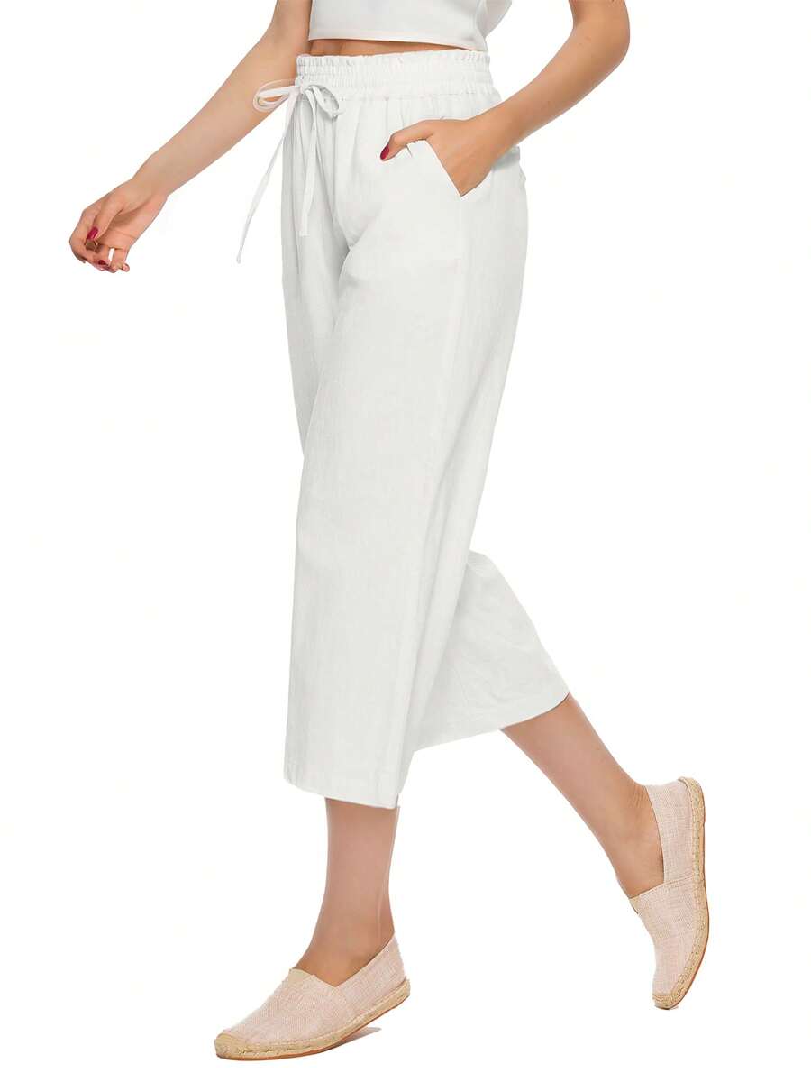 SANOPY Women's Pants,Scrub Pants For Women,Linen Pants Women,Women's Linen Cropped Pants With Pockets, High Waist Retro Loose Drawstring Cotton Wide Leg Pants Casual Style - 白色 - 查看 1