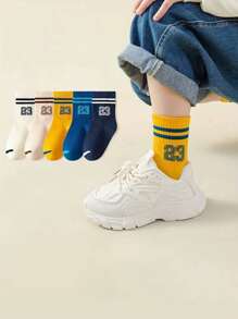 5 Pairs Kids Socks, Number 23 With Double Bars Mid-Calf Socks, Suitable For Daily And Sports Wear