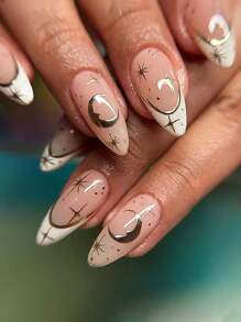 24pcs Almond Shape Acrylic Press On Nails White French Tip False Nails With Gold Edge And Star,Moon Design Nail Supplies Premium And Elegant Style Fake Nails,Parties,Daily Wear Gel Nail Kit