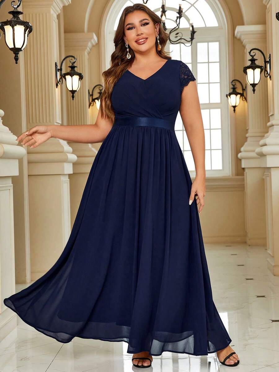 Plus Floral Lace Sleeve Contrast Chiffon Evening Party Maxi Formal Dress - Navy Blue - View 1