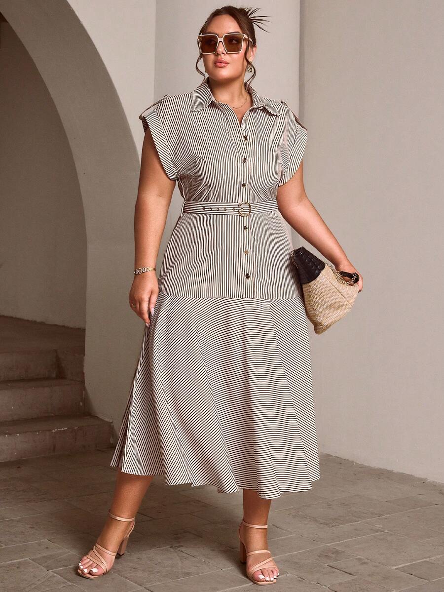Plus Size Women's Spring/Summer New Front Button Striped Long Waist Cinched Dress, Fashionable For Commuting, Elegant Office Outfits For Women - Brown - View 1