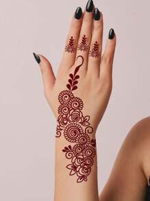 1 张花朵临时纹身贴纸，适用于女性手部、手指和身体艺术，栗色指甲花纹身贴纸，适合斋月，防水花朵假纹身，适合婚礼、派对和节日 - 彩色 - 查看 3