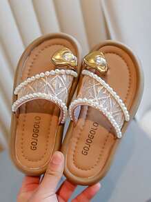 1 双女童软底防滑网眼珍珠心形时尚凉鞋，适合夏季 - 香檳色 - 查看 7