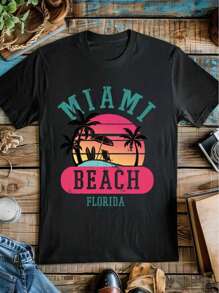 Miami Beach Women's Single Side Printed Short Sleeve T-Shirt Round Neck Summer Fashion Solid Basic T-Shirt Tops Casual Summer Shirts - Black - View 1