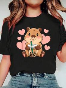 Cute Capybara Boba Tea Bubble Rodent Women Teen Gi Print Crew Neck Casual T-Shirt Short Sleeve Sports Top, Smart Casual/Street Style Women's Clothing