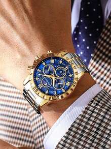 2PCS/Set POEDAGAR Man Wristwatch Set Luminous Chronograph Men's Quartz Watch Stainless Steel Casual Sports Men Watches With A Pixiu Bead Bracelet+Gift Box,