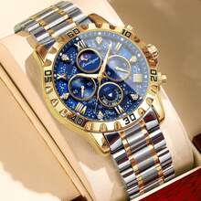 2PCS/Set POEDAGAR Man Wristwatch Set Luminous Chronograph Men's Quartz Watch Stainless Steel Casual Sports Men Watches With A Pixiu Bead Bracelet+Gift Box,