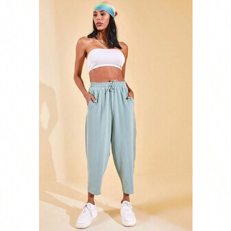 XHAN Elastic Waist Slouchy Pants - Mint Green