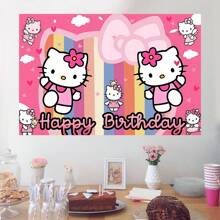 Sanrio 1 Striscione da parete per festa di compleanno a tema Sanrio KT Cat, decorazioni per festa a tema cartoni animati per doccia, forniture per decorazioni della camera da letto, tappezzeria o sfondo fotografico, 210 x 150 x 100/100 x 75 cm