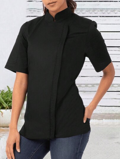 Plus Size Women's Solid Color Stand Collar Chef Jacket