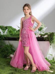 Tween Girl Asymmetrical Neckline Contrast Mesh Sequin Dress