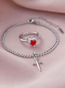2pcs/Set Gothic Creative Personalised Heart And Sword Promise Ring Ladies Bracelet Ring Set, Valentine's Day Gift, Jewellery Accessories,Mom,Mother,Mother's Day,Gift