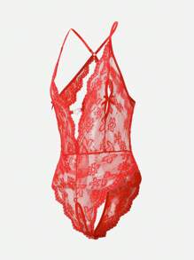 Open Front Floral Heart Print Teddy Lingerie, Sexy Deep V Backless Hollow Out Jumpsuit For Women - 紅色 - 查看 8