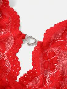 Open Front Floral Heart Print Teddy Lingerie, Sexy Deep V Backless Hollow Out Jumpsuit For Women - 紅色 - 查看 11