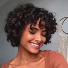 短卷发假发 蓬松卷发假发 带刘海 180% 密度非洲卷发真人发假发 女士黑色大卷发假发 适合日常使用