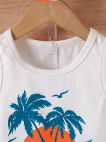 Set de 3 piezas: Chaleco con estampado de palmeras, pantalones cortos con estampado total y sombrero de sol para niños pequeños - Conjunto de vestir casual para vacaciones