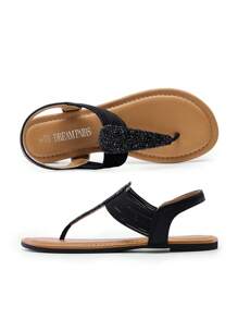 Women's Elastic Strappy String Thong Ankle Strap Summer Gladiator Sandals Valentines Vacation Flat Sandals Shoes - 黑色/亮粉 - 查看 4