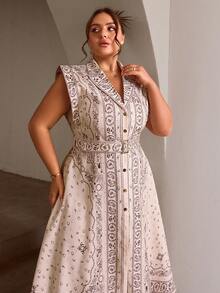 Sollinarry Women Plus Size Sleeveless Button Front Floral Print Dress - Apricot - View 5