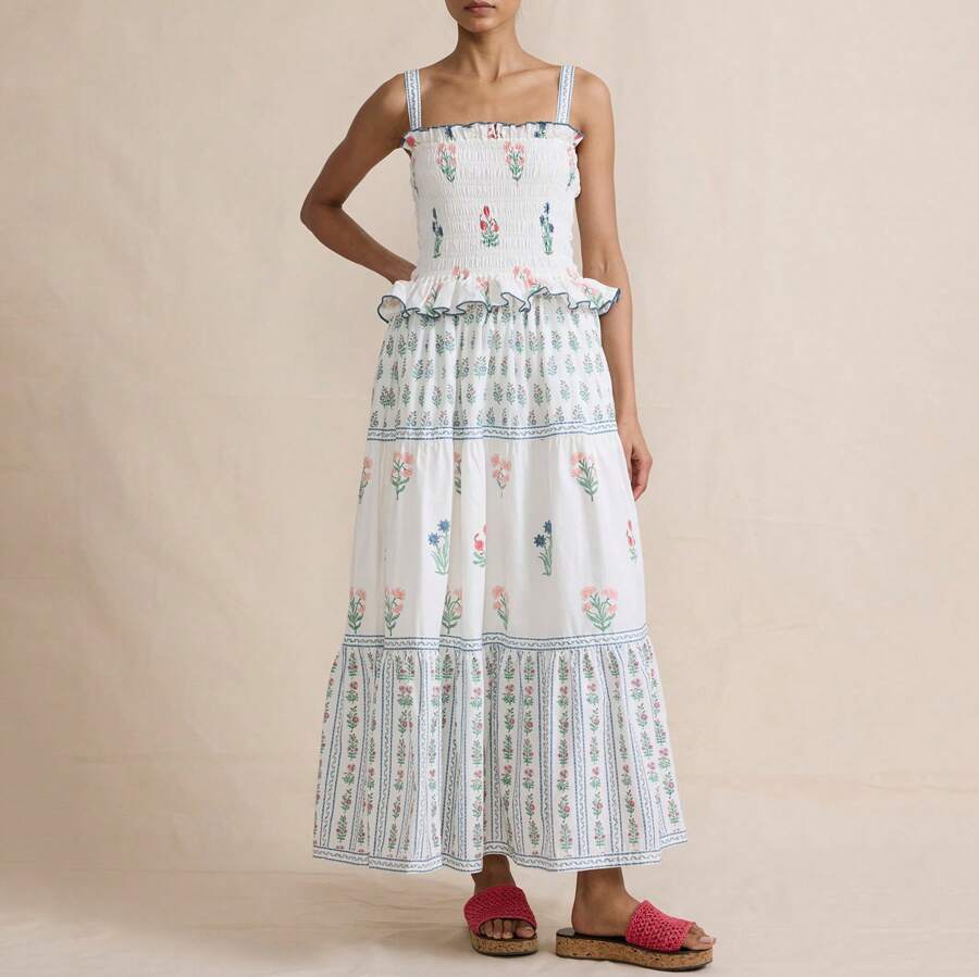 Women's Summer Casual Boho Sundress Spaghetti Strap Square Neck Flowy Midi Dresses A Line Beach Dress - 白色 - 查看 1