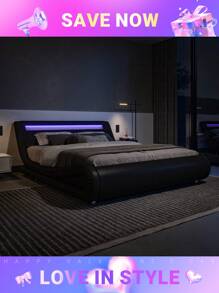 Allewie Full/Queen/King Size LED Platform Bed Frame With Adjustable Headboard, No Box Spring Need, Easy Assembly, Faux Leather In Black/Grey/White And Black * Bed Frame Queen Queen Bed Frame Bed Frame Full Full Size Bed Frame King Size Bed Frame Twin Bed Frame Room Decor Home Decor Christmas Decor Bedroom Decor Valentine Day Decor Storage Living Room Decor Furniture House Decor - 黑色 - 查看 1