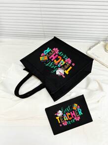 Creative Teacher Alphabet Printed Linen Handbag,Big Bag With Small Bag,Khaki Color Block Shopping Bag - Black - View 3