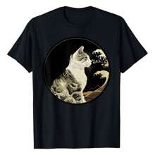 Vintage Kitten Wave Pattern Japanese Art Pet Cute Cat T-Shirt Women Unisex Men S Cotton Short Sleeve T-Shirt, Perfect For Summer Adventures, 100% Soft Fabric, Ideal For Sports, Work, And Relaxation 