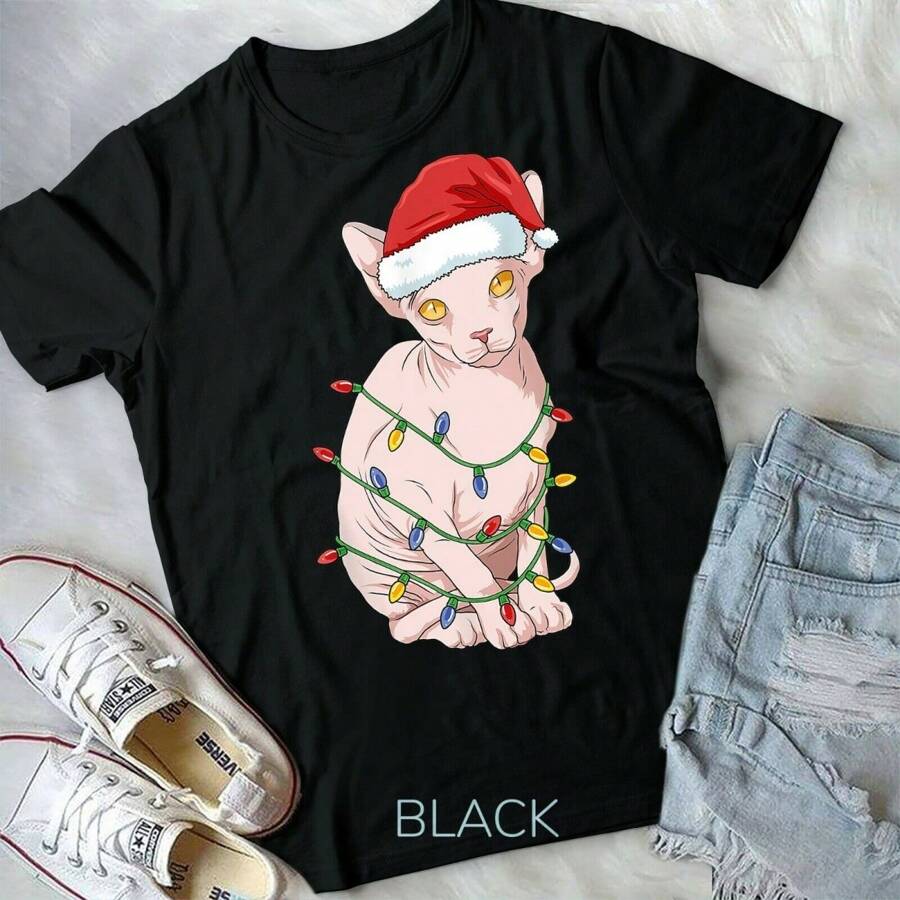 Christmas Sphynx Cat Shirt Women Sphynx Cat Gifts Men Cat Unisex Form T-Shirt - 黑色 - 查看 1
