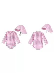 Traje de baño Rash Guard para niñas pequeñas con gorro, conjunto de 2 piezas, estampado a cuadros, con cremallera, manga larga, cuello redondo, trajes de baño para niñas pequeñas - rosa brillante - Ver 8