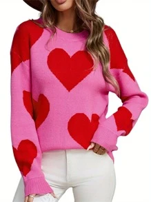 Women's Cute Heart Print Sweaters Long Sleeve Round Neck Loose Pullover Spring Fall Tops - Pink - View 4