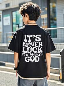 Tween Boy 1pc Casual Printed Crew Neck Short Sleeve T-Shirt, Students Summer Wear - Natural T-Shirt Designed For Every Explorer, "It's Never Luck, It's Always God"